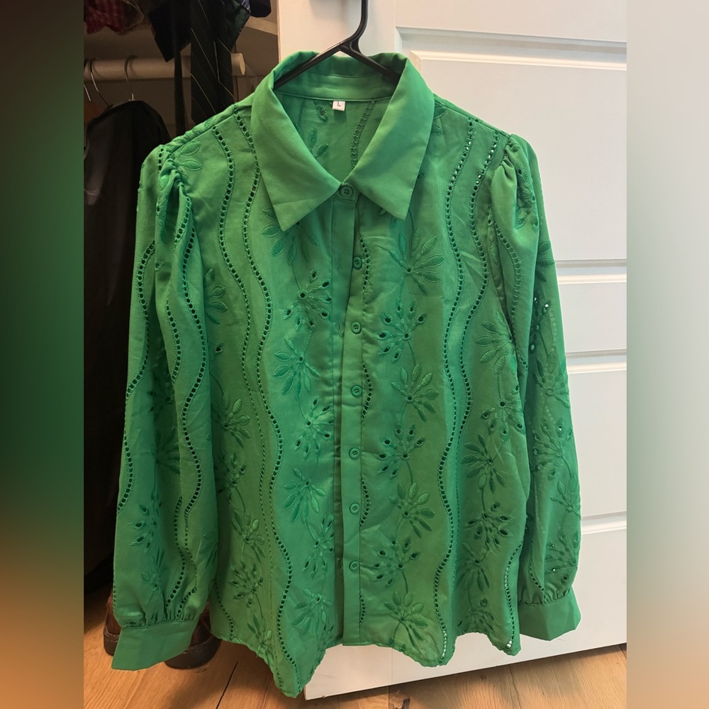 Green Eyelet Button-Up Blouse